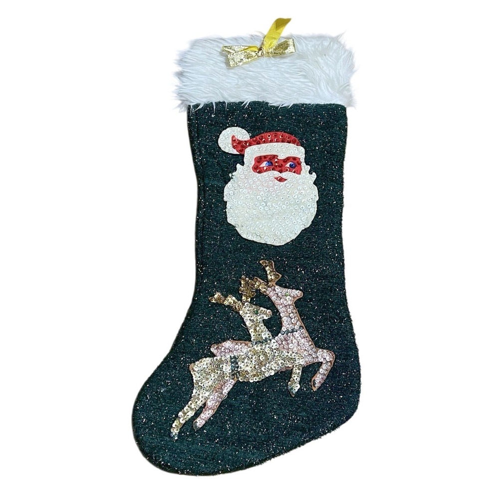 VTG Green Christmas Stocking Felt Handmade Santa Reindeer Deer 19" Tall Sequin